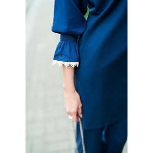 Ensemble coordonné bleu marine froissé et teint pour femme, asymétrique, trois-quarts, décontracté, tendance, en crêpe, taille XS, pour tenues de bureau - Product Image 2