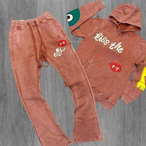 Sweat à capuche avec lettres brodées de détresse et fermeture éclair pour hommes, pantalons de survêtement OEM en éponge française - Product Image 2