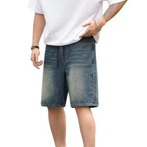 Jeunes hommes été mode couleur unie jean Shorts 100% coton Style décontracté jambe droite avec taille corde Offre Spéciale - Product Image 1
