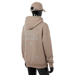 Sudadera con Capucha y Cremallera para Mujer, de Algodón y Poliéster, Color Beige, con Pedrería Brillante, Logotipo Personalizado, Sudadera con Capucha y Cremallera Estilosa - Product Image 5