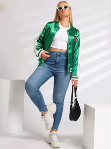 <b>Women</b> Fashion Satin Bomber Jacket Zip up Casual Oversized Jacket <b>Coat</b> with Pocket Side Striped Satin Jackets Loose Fit Over Size - Product Image 5