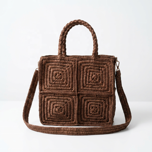 Bolso de Mano Cuadrado de Rafia con Patrón Geométrico, Estilo Bohemio, Bolso Tote para Mujer con Correa Extraíble, Ecológico, para Uso Diario - Product Image 2