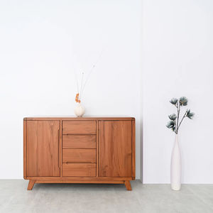 Mueble de Madera de Teca de Estilo Nórdico con Patas Cónicas, 2 Puertas y 4 Cajones, Diseño Moderno, Madera Legal de Indonesia para Almacenamiento en la Sala de Estar - Product Image 1