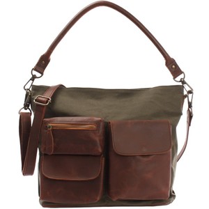 Sac à bandoulière en toile verte avec bandoulière réglable Plusieurs compartiments Poches en cuir Chaînes décoratives imperméables - Product Image 1