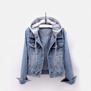Vente en gros Femme Denim Bleu Veste avec Capuche Manches Longues 2 Poches Avant Logo Personnalisé Couleurs Jeans Tissés en Traitement Brut - Product Image 1
