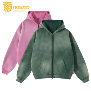 Sudadera con capucha lavada con ácido rosa y verde para hombre, Sudadera con capucha de lavado ácido transpirable anticontracción de algodón Original, ropa informal, sudadera con cremallera y desvanecimiento del sol - Product Image 1