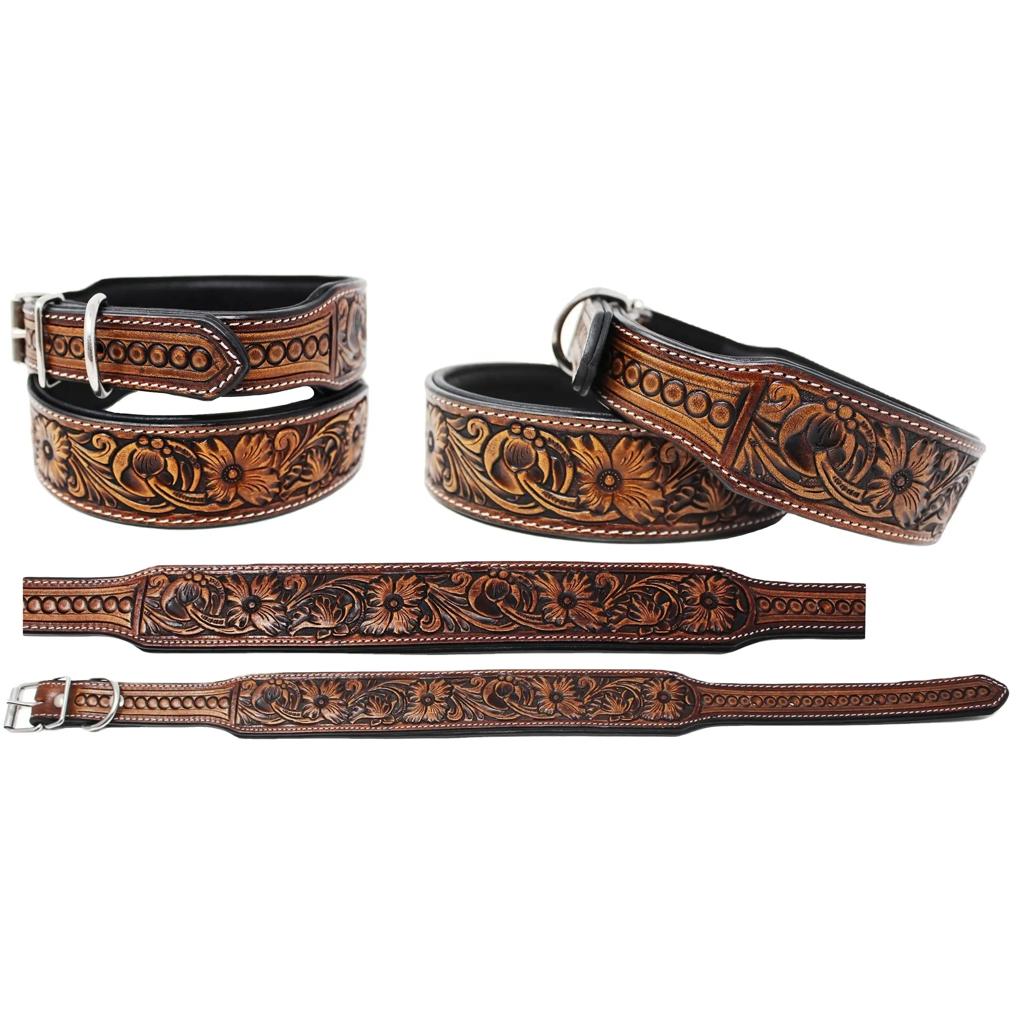 Adjustable High Quality Cow Leather Soft Padded Dog Collar With Floral Hand Tooling Design Pet Collar Dog Uses Low Prices