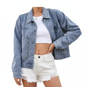 Chaqueta Vaquera Vintage para Mujer, Transpirable, Corte Regular, Lavada, con Remaches Decorativos, Informal, con Solapa, Corta, de Color, para Invierno, Primavera y Verano - Product Image 1