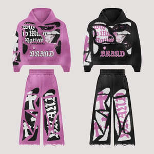 High Quality Acid Wash <b>Zip</b>-<b>Up</b> Sweat Suits Sun Faded Hoodies and Sweatpants Printed Tracksuits for Winter - Product Image 3