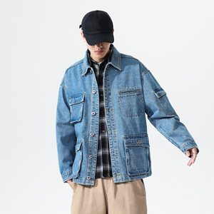 Custom Cargo Pockets Men <b>Denim</b> Jacket 100% Cotton Vintage Washed High Street Embroidery Men Zip up Plus Size <b>Denim</b> Jacket <b>Coat</b> - Product Image 2
