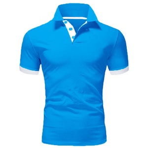 Chemise pour homme en polyester/coton respirant, couleur unie, tricotée, manches courtes, bordure contrastée, style décontracté, bleu clair, 200g - Product Image 5