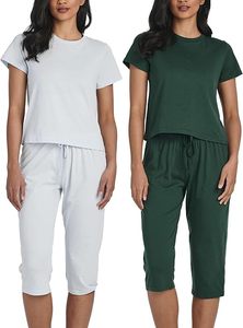 Paquete de 2 pijamas de algodón para mujer, tops de manga corta y pantalones Capri, conjuntos de pijamas con bolsillos - Product Image 4