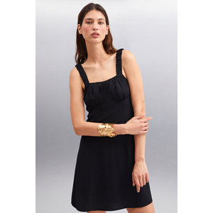 ETHIQUET ERIDANIA Robe courte en tissu crêpe tissé pour femme, col Kuplu Romantik - Product Image 5