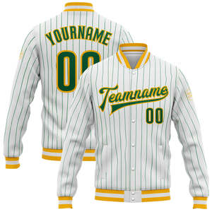 Chaqueta Varsity Personalizada con Franjas, Nombre del Equipo y Número, Detalles en Amarillo y Morado, Estilo Béisbol - Product Image 3