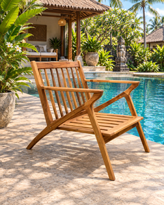Chaise longue de jardin minimaliste en teck, fauteuil d'extérieur avec accoudoirs, siège à lattes, pour la détente au bord de la piscine - Product Image 5