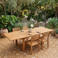 Table de salle à manger rectangulaire moderne extensible en teck massif durable pour l'extérieur, plateau à lattes, pieds sur pieds, rangement portable