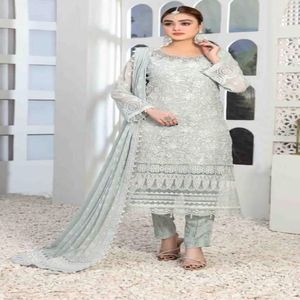 Conjunto de 3 piezas para mujer indio-pakistaní: Camisa semicompuesta con bordado elaborado, Dupatta elegante y Shalwar de viscosa sin coser TAWAKKAL - Product Image 2