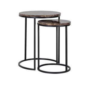 Modern Design Natural Brown <b>Marble</b> Round <b>Nesting</b> Side <b>Table</b>, End <b>Table</b> Set of 2, Coffee <b>Table</b> with Black Iron Leg - Product Image 1