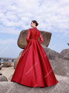 أنيق فستان زفاف رسمي أحمر طويل الأكمام لينة الساتان طول الكلمة مطرز مأدبة حفلة موسيقية فساتين السهرة - Product Image 5