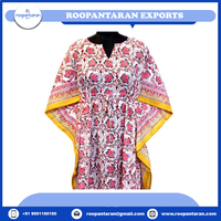 Meilleur Prix Kaftan Marocain Élégant en Voile de Coton Doux Imprimé à la Main Grande Taille Manches Courtes Coupe Droite Naturelle pour Adultes