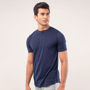 ผู้ชายฤดูร้อนเสื้อยืดแขนสั้นโค้ง Hem รูปแบบ Henley ผ้าฝ้าย 100% Henley พร้อมปุ่มสองเสื้อ T - Product Image 4