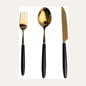 Vente chaude Élégant Hôtel Dîner Couteau Cuillères Fourchettes Couverts De Mariage En Acier Inoxydable Or Couverts Ensemble avec Poignée Noire pour Cadeau - Product Image 1