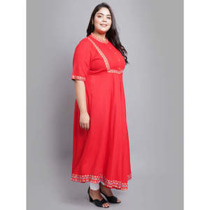 Robe Anarkali en rayonne à plis, tenue modeste en rouge, 48 pouces - Product Image 4