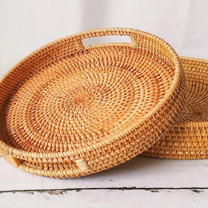 Panier de rangement rond moderne en rotin tressé à la main avec poignée, plateau multifonctionnel pour organiser l'espace - Product Image 3