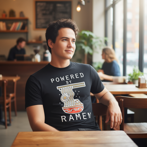 T-shirt « Powered By Ramen » noir pour homme, vêtement décontracté à manches courtes, col rond, imprimé en sérigraphie, vêtement promotionnel - Product Image 3