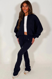 Wholesale Premium Navy Women's Plus Size Casual Solid 2-Piece Zip <b>Bell</b> Bottom Breathable Polyester/Cotton Fleece Tracksuit Set - Product Image 2