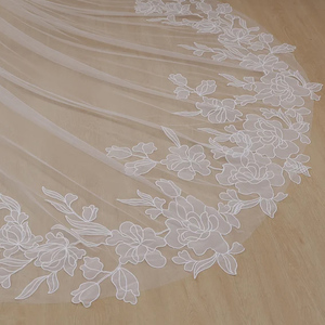 Elegante Velo <span class=keywords><strong>de</strong></span> Novia Largo <span class=keywords><strong>de</strong></span> Tul con Bordado <span class=keywords><strong>de</strong></span> Flores y Encaje, con Peine - Product Image 5