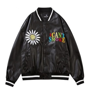 Veste de baseball unisexe en cuir véritable, style universitaire, broderie de marguerites, patchwork de lettres, streetwear hip-hop, couples, tissu en toile - Product Image 6