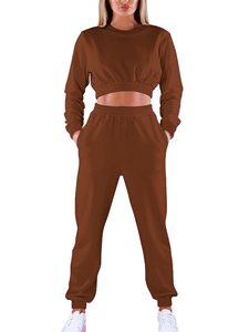 Ensemble de survêtement 2 pièces en molleton de coton pour femme, comprenant un haut court et un haut long à capuche, vente en gros, survêtements de jogging vierges personnalisables - Product Image 4
