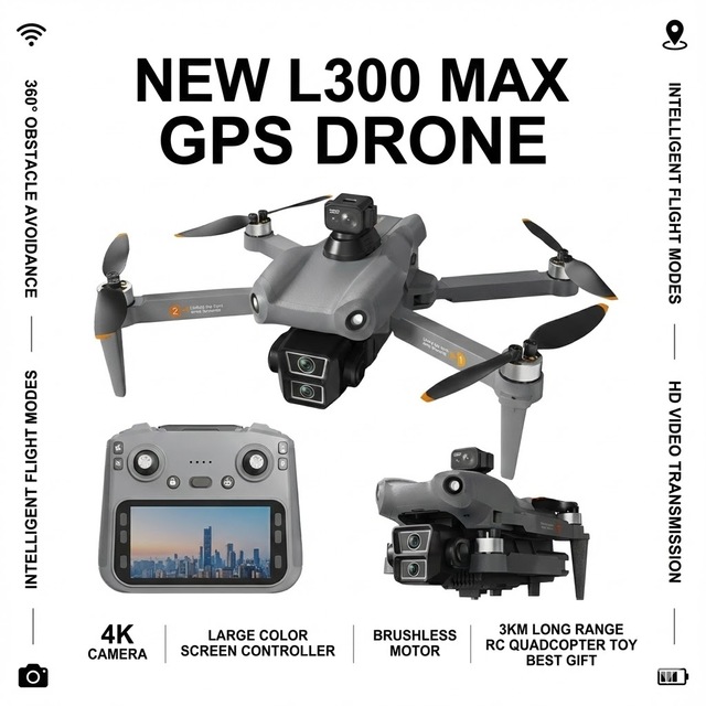 NEW L300 MAX GPS Drone 4K HD Camera 3KM Range 28min Flight Brushless 5G WiFi FPV Large Color Screen Remote Quadcopter UAV