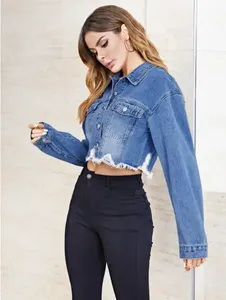 Veste en jean pour femme de couleur bleu clair, best-seller, personnalisable, tissu en coton, col montant avec fourrure, séchage rapide, vêtement d'hiver - Product Image 2