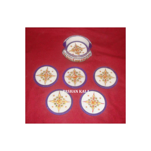 Export Quality White Marble <b>Gold</b> Painting <b>Coaster</b> Set Round Shape Flower Design For Home And Kitchen Decoration In Best Price - Product Image 1