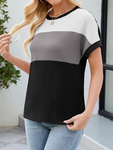 Femmes respectueux de l'environnement bloc de couleur mode à manches courtes col rond haut tricoté printemps été décontracté T-shirts amples - Product Image 3