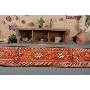 2.9x13.1 ft Turkish <b>Runner</b> Rug, <b>Red</b> White Vintage Moroccan Wool Rug - Product Image 4