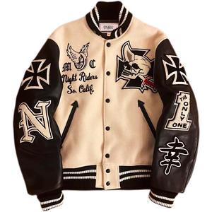 Chaqueta universitaria con logotipo personalizado, Mangas de cuero bordadas, chaqueta negra de béisbol universitario para parejas, chaqueta de hombre Letterman Varisty - Product Image 1