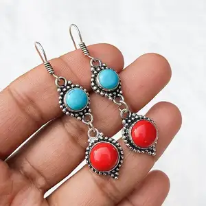 Pendientes de alambre de oreja chapados en plata 925, joyería Bohho hecha a mano, venta de Navidad, pendientes de piedra múltiple de Coral rojo y turquesa