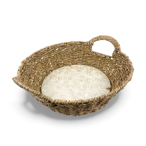 Bandeja de Ratán con Incrustaciones de Nácar, Hecha a Mano, Decorativa con Borde de Pasto Marino para Servir Comida, Decoración de Mesa y Hogar - Product Image 1