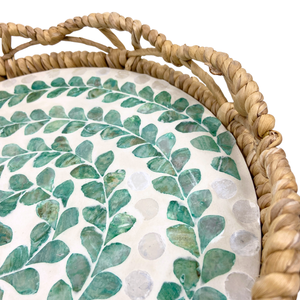 Elegante Bandeja Redonda de MDF con Incrustaciones de Capiz de Hoja Verde y Jacinto de Agua Floral, con un Diseño de Almacenamiento Estilizado - Product Image 3