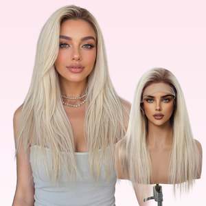 DWY Luxe Platinum Blonde Straight Remy Human Hair Lace Front <b>Wig</b> <b>Long</b> Length - Product Image 3