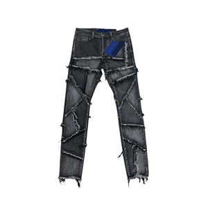 Tissu en denim noir, lavage moyen, respirant, léger, motif uni, taille mi-haute, coupe droite, décontracté, pour l'hiver, l'été, le printemps et l'automne - Product Image 1