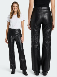 Pantalon en cuir noir droit pour homme et femme, pantalon en cuir de veau, texture grainée, respirant, hiver, automne, pantalon en cuir flexible - Product Image 6