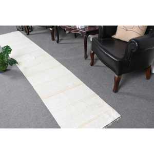 1.9x10.4 ft Vintage Rug, Turkish Runner Rug, White <b>Yellow</b> Solid <b>Wool</b> Rug - Product Image 1