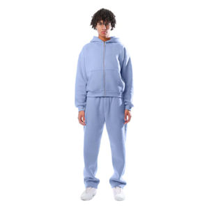 Ensemble de survêtement pour homme en bleu clair uni de qualité supérieure, avec fermeture éclair intégrale, sweat-shirt et pantalon de jogging, vêtements de sport d'hiver, vêtements de course, fabrication sur mesure en gros - Product Image 3