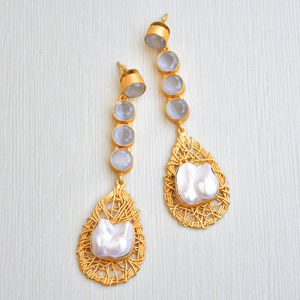 ต่างหูทองเหลืองแบบพรีเมี่ยมหินมุกธรรมชาติกึ่งมีค่าสูงชุบทองสไตล์โบโฮดีไซน์เก๋ไก๋สูง - Product Image 4