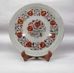 Placa de incrustaciones de mármol Malkrana India hermosa hecha a mano, piedra semipreciosa pulida decorativa de flores blancas para el hogar - Product Image 2