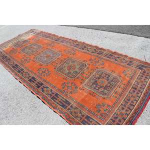 Grand tapis turc vintage 4,7x11,7 pieds, tapis en laine à motifs floraux orange et bleu - Product Image 4